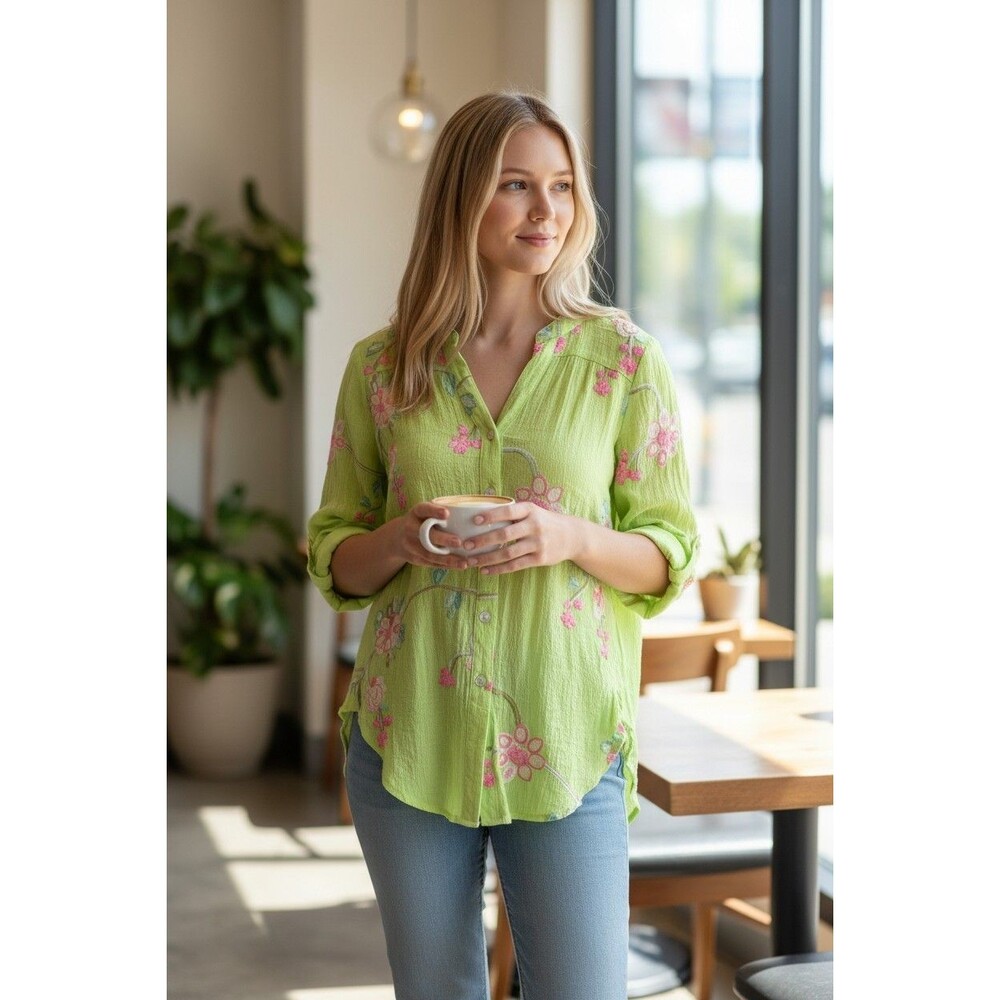 Figueroa & Flower Womens Petite Small Embroidered Floral Roll Tab Sleeve Tunic